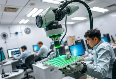 Humanoider Roboter in Tokioter Labor analysiert Platine unter Beobachtung von Ingenieuren