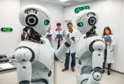 Humanoider Roboter inspiziert Mikrochip in Forschungszentrum in Tokio