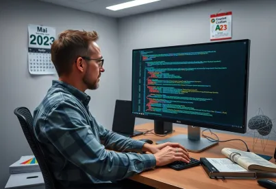 Ingenieur arbeitet an KI-Sprachverarbeitungssoftware in moderner Büroumgebung