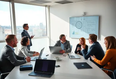 Intensive Diskussion im modernen Frankfurter Konferenzraum mit digitaler Unterstützung und Skyline-Blick