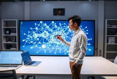 Junger Ingenieur analysiert neuronale Netze in einem Büro in Seoul