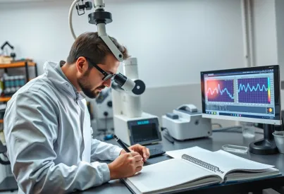Wissenschaftler untersucht Silizium-Nanostruktur mit optischem Mikroskop in modernem Laborumfeld