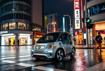 Autonomes Fahrzeug erkundet nächtliche Straßen von Tokio im Regen