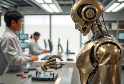 Fortschrittliche Zusammenarbeit zwischen Mensch und humanoidem Roboter in einem Tokioter Labor im Jahr 2025