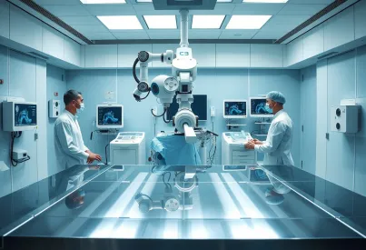 Chirurgische Robotik im Jahr 2032: Einsatz eines modernen Roboterarms in einem OP-Saal in Tokio