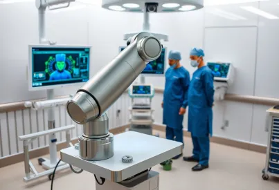 Einsatz eines hochentwickelten chirurgischen Roboterarms in einem modernen OP-Saal in Tokio