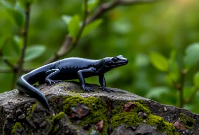 Alpensalamander auf moosbedecktem Felsen im österreichischen Wald: Ein Moment der Ruhe und Wachsamkeit