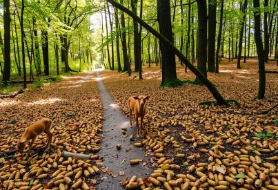 Aktivität von Waldameisen auf feuchtem Waldboden unter gedämpften Lichtverhältnissen