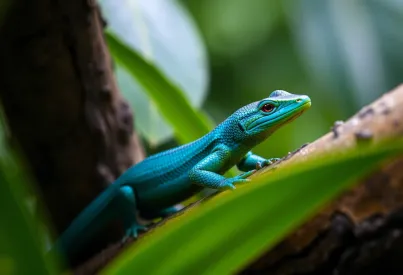 Smaragdstachelskink auf moosbewachsenem Ast im Regenwald von Papua-Neuguinea
