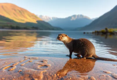 Europäischer Fischotter am Ufer eines Flusses in den schottischen Highlands