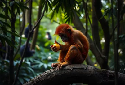 Orang-Utan-Weibchen im Regenwald von Borneo beim Fressen beobachtet