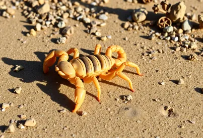 Wüstenskorpion Androctonus australis in natürlicher Tarnung auf sandigem Untergrund