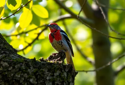 Buntspecht auf moosbedecktem Baumstamm im Teutoburger Wald: Naturszene mit Sonnenlicht und Detailbetonung