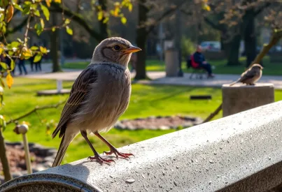 Stadttaube auf rostigem Geländer in belebtem Stadtpark