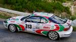 Ein Toyota Celica GT-Four Turbo ist beim Rallye de l?Ard�che 2023 auf dem Gebiet der Gemeinde Labastide-sur-Besorgue im Wettbewerb zu sehen.